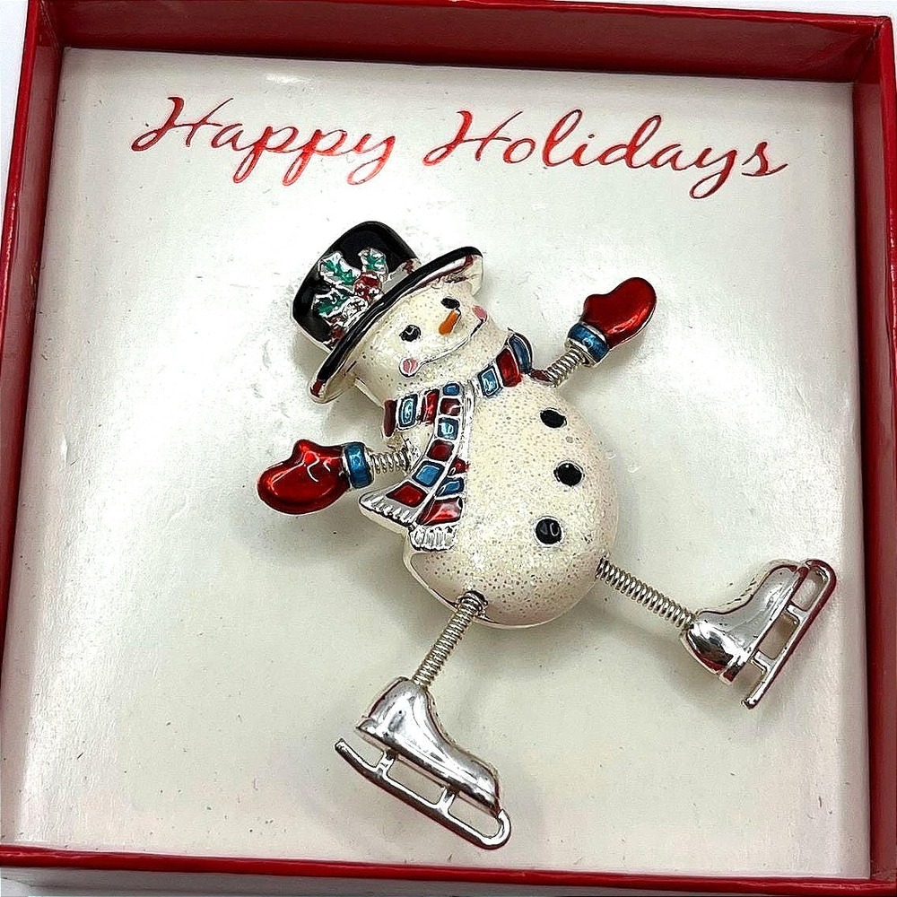 Vintage Sears Christmas Snowman Ice Skater Dangler Pin Brooch Moveable Arms Legs